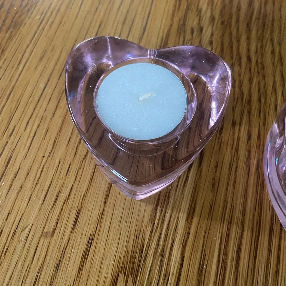 2 Crate&Barrel Pink Heart Glass Candle Holders